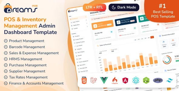 DreamsPOS – POS & Inventory Management Admin Dashboard (HTML, Angular 19, React 19, Vue, Laravel 12)